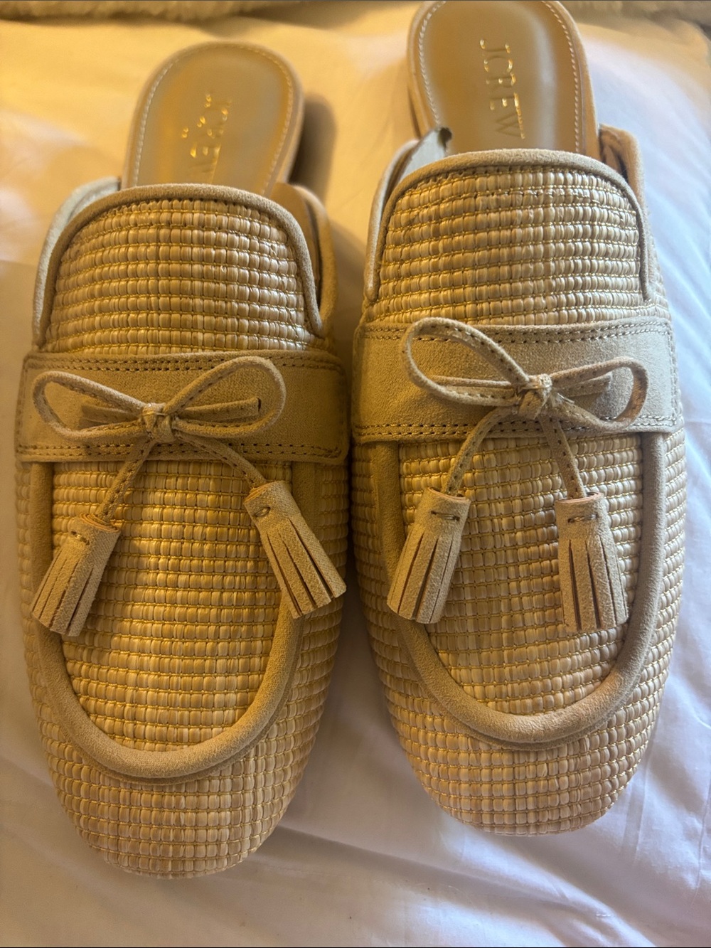 J. Crew Tan Woven Tassel Backless Mules